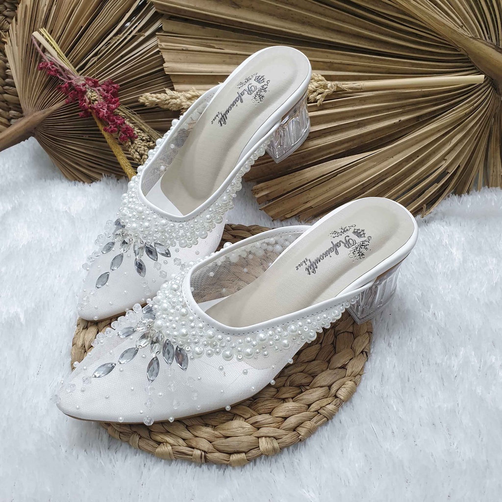 Sepatu wedding pesta cantik mewah Zyva putih hak 5cm kaca