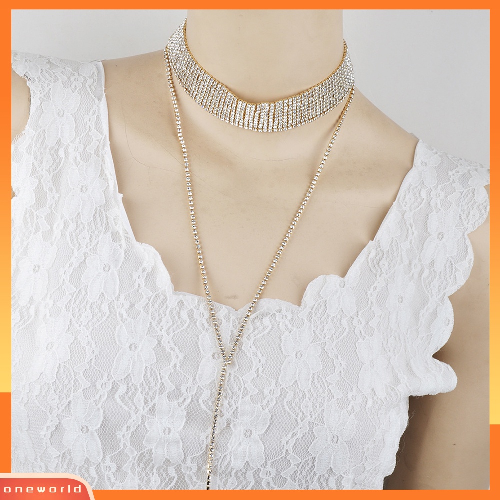 {oneworld} Wanita Fashion Berlian Imitasi Bertatahkan Multilayer Choker Rumbai Rantai Kalung Perhiasan