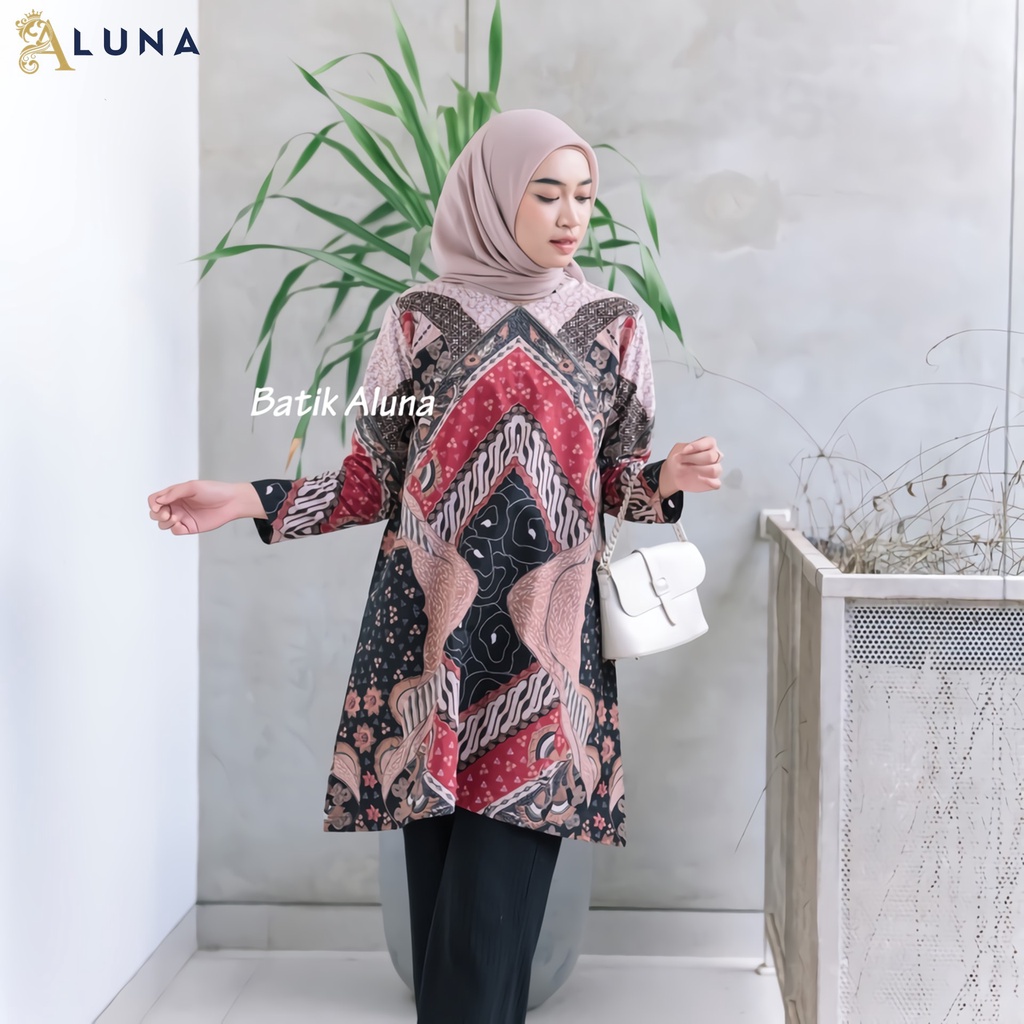 Baju Batik Wanita Tunik Lengan Panjang Katun Lapis Trikot Premium Modern Original Batik Kerja Kantor Kondangan Size M L XL XXL