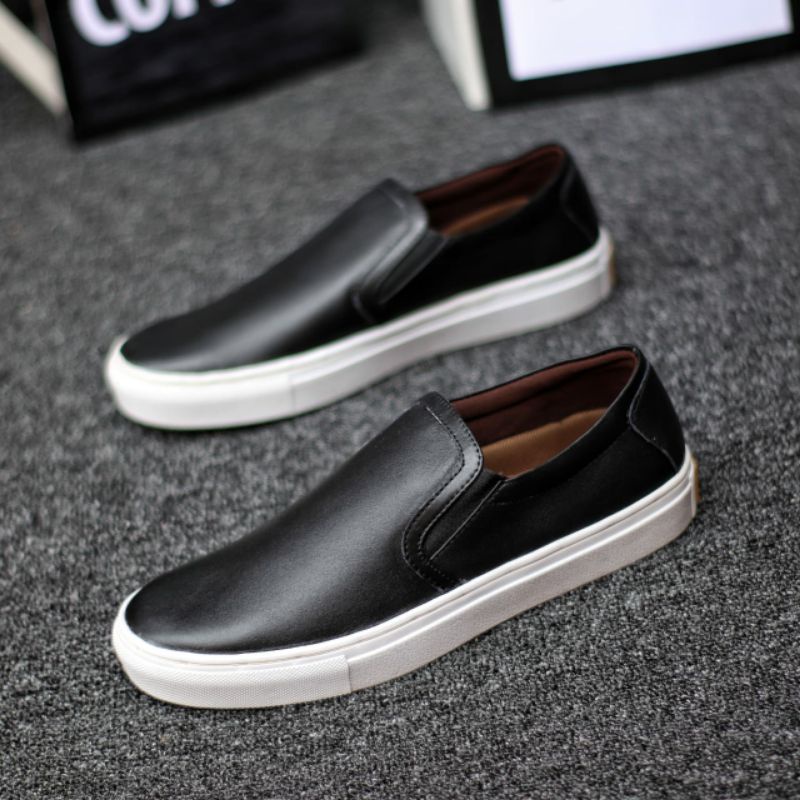 Sepatu Casual Pria Sneakers Tanpa Tali Slip On Kulit Asli Slop Santai Main Kerja Kuliah Murah