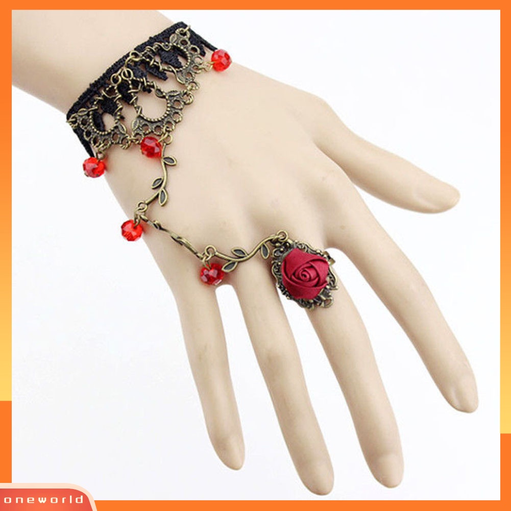 {oneworld} Gothic Perhiasan Wanita Renda Bunga Tangan Budak Rantai Cincin Harness Gelang Hadiah