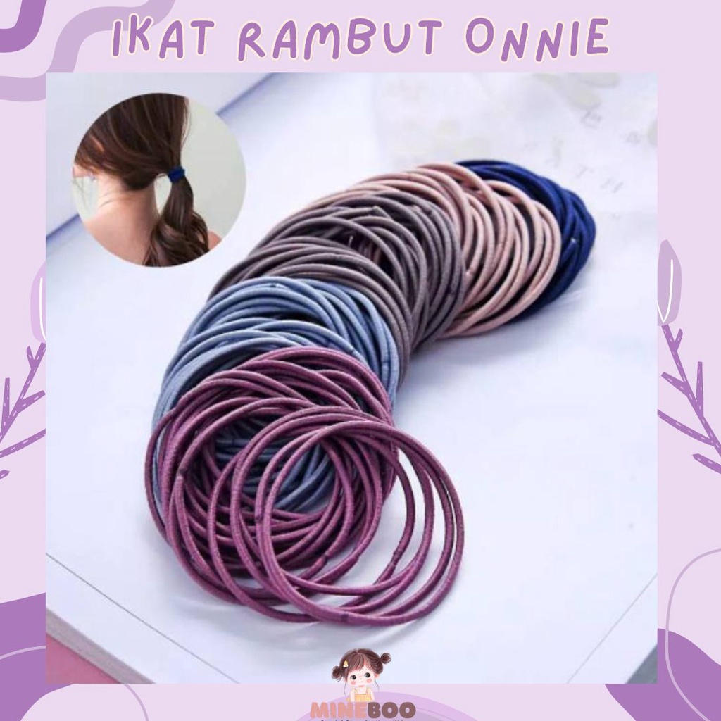 mineboo - IKAT RAMBUT ONNIE 100pcs + pouch ikat rambut karet polos warna-warni anak dewasa import ala korea