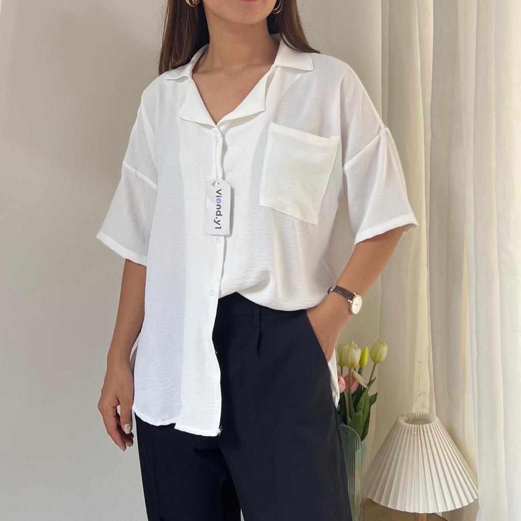 Blouse Lengan Pendek Atasan Wanita Kantong Korea / Kemeja Pocket Cewek Terbaru Bahan Kringkel 141