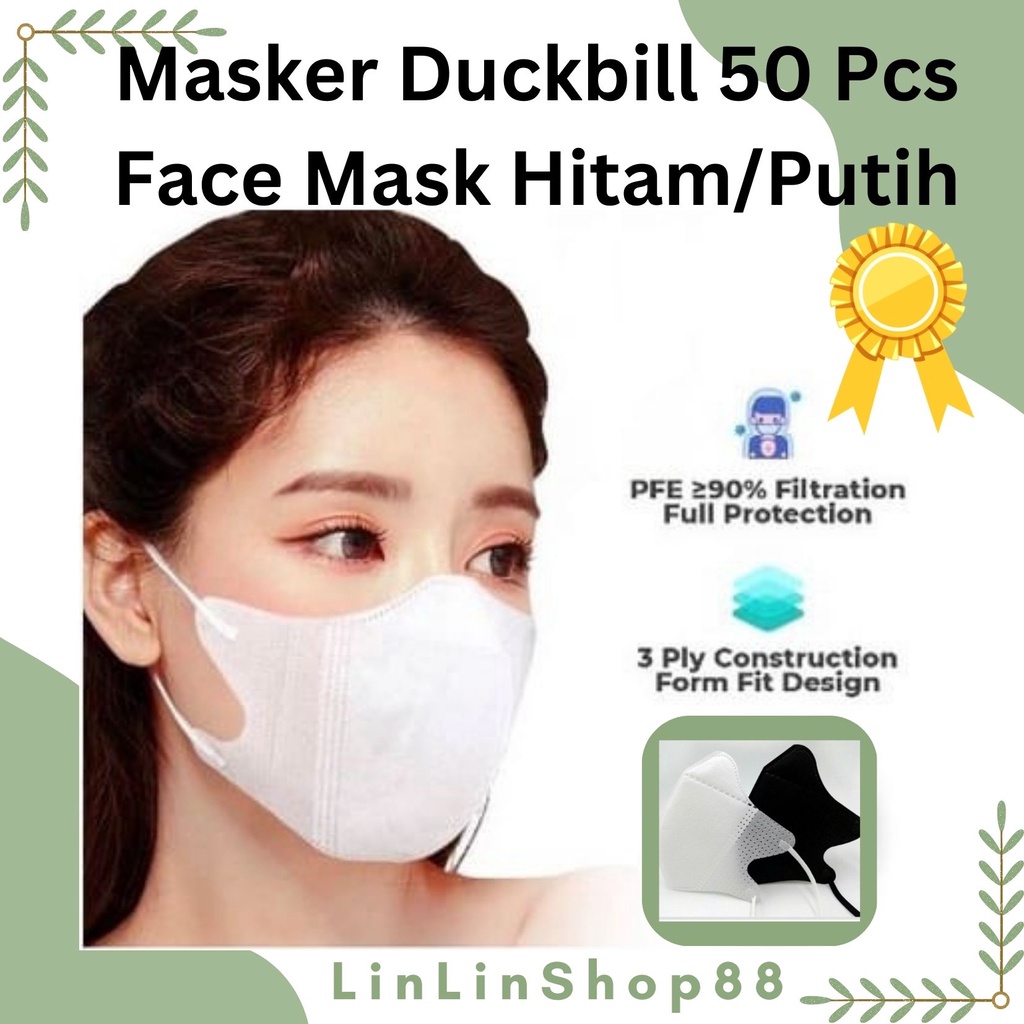 Masker Duckbill isi 50 Pcs 3 Ply Masker Kesehatan Duckbil Putih/hitam