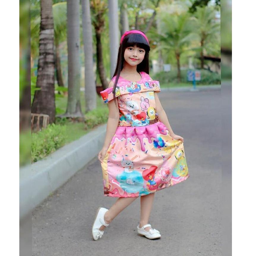 [Produk 8383] Dress anak pesta bridal / dress satin sabrina BTS BT21 DONNUT / baju pesta anak termur