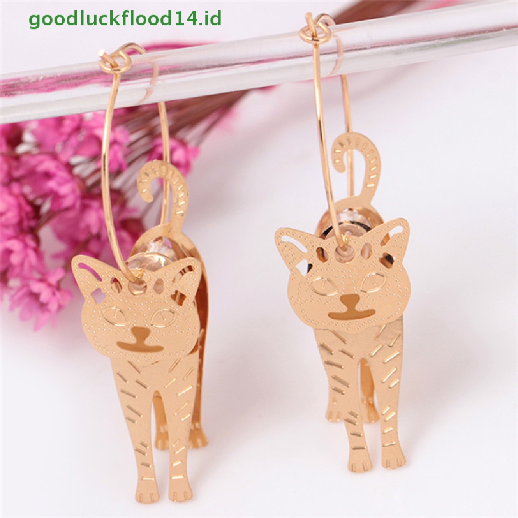 [GOOGFOUR] Lingkaran Emas Hewan Kucing Liontin Anting Mutiara Kait Drop Menjuntai Earrings Jewelry [TOP]