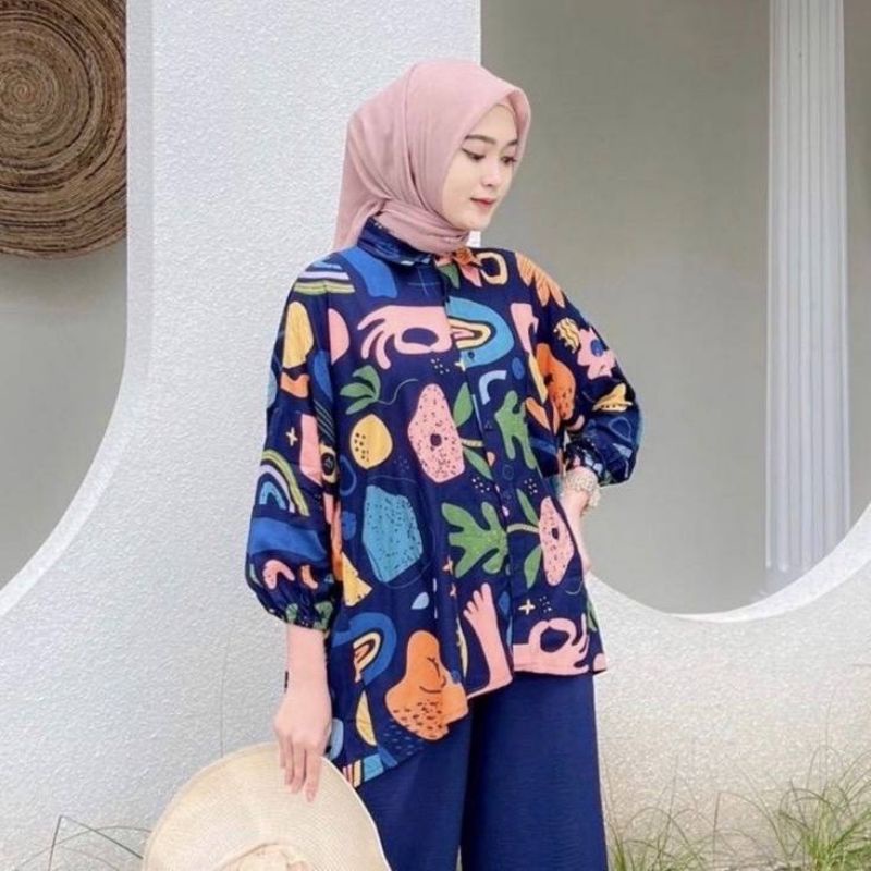 Kemeja Rayon Wanita Oversize Motif Vintage Abstrak Rayon Viscose