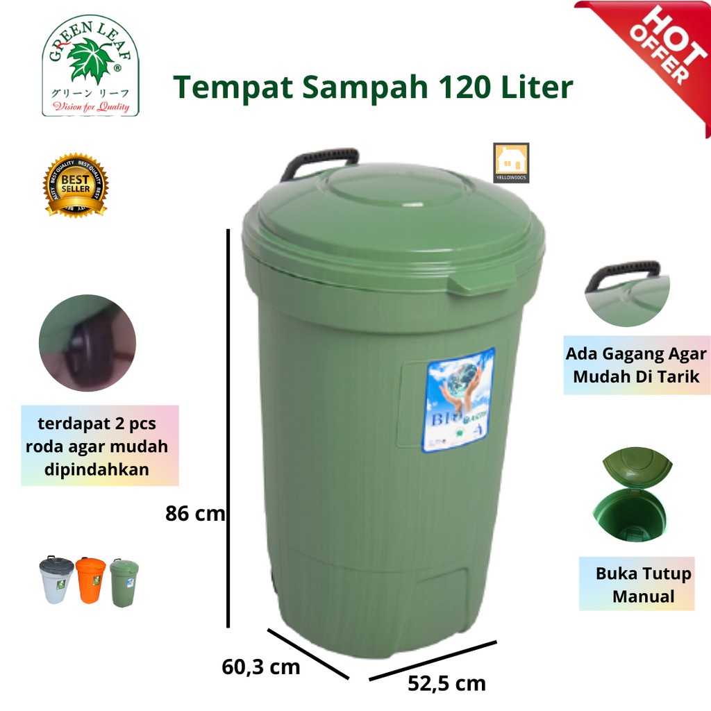 Tempat Sampah Bulat 120 Liter Roda Bio Buka Tutup 2120 Green Leaf