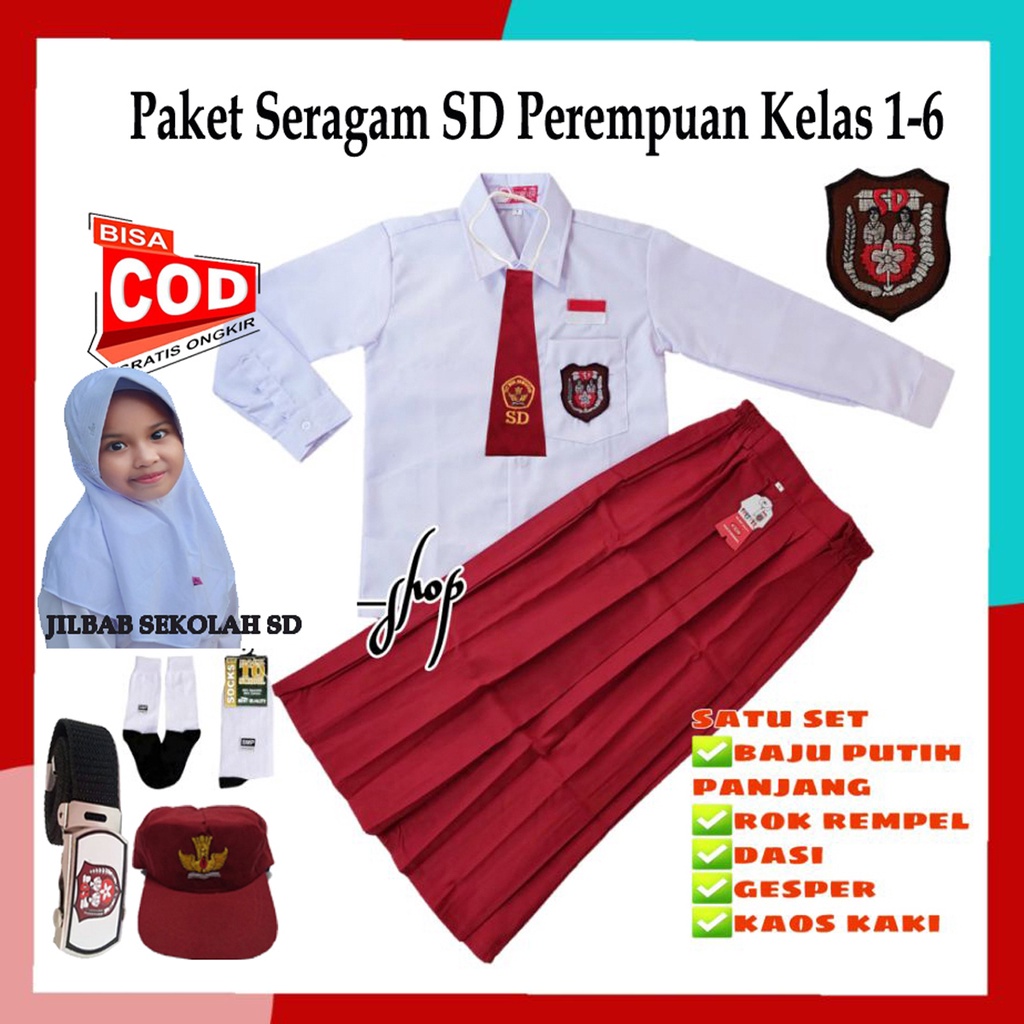 Paket lengkap setelan seragam sekolah SD merah putih perempuan lengan panjang rok merah panjang 1-6 