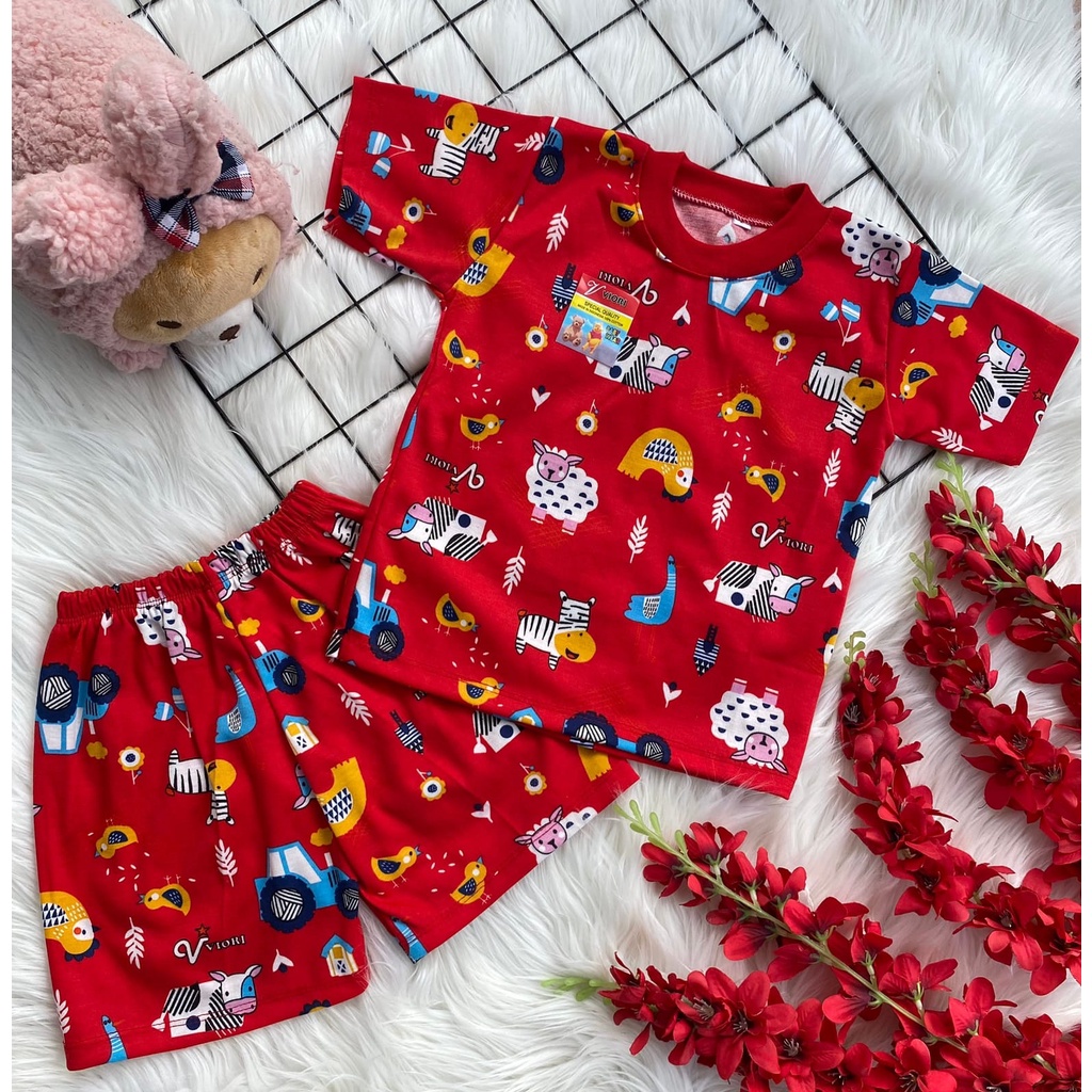 stelan baju bayi laki laki perempuan lucu murah motif JUNGLE ANIMAL PENDEK 1-2 TAHUN