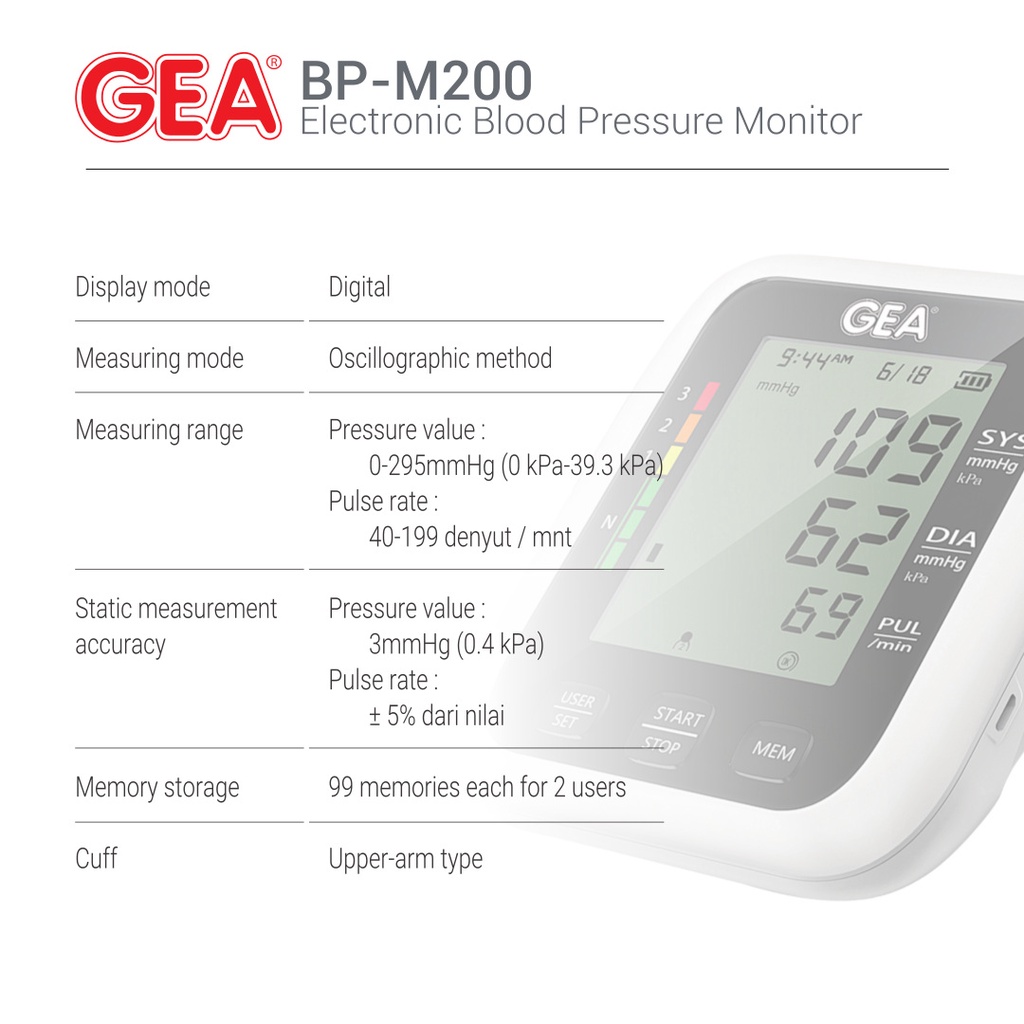 Tensimeter Digital GEA BP-M200 Dual User - Alat Ukur Tekanan Darah GEA