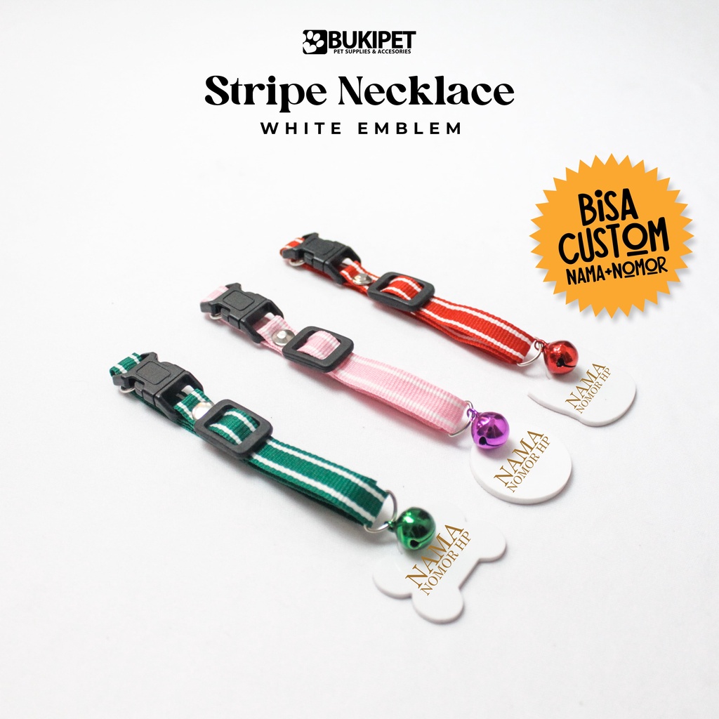 BUKIPET Kalung Kucing Custom Nama Bahan Nylon Stripe – Stripe Necklace ( AKRILIK PUTIH )