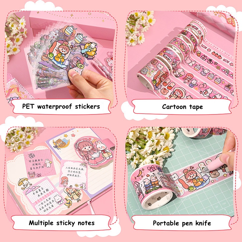 Lucu Pink Hand Akun Gift Box Dengan Stiker Post-it Notes Portable Pulpen Pisau Gesper Magnetik Kulit Notebook Alat Tulis Siswa