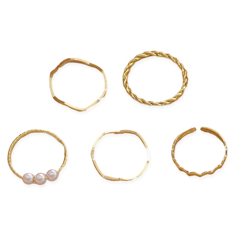 5pcs/set Cincin Logam Set Sederhana Mewah Mutiara Geometri Adjustable Jari Rings Wanita Perhiasan