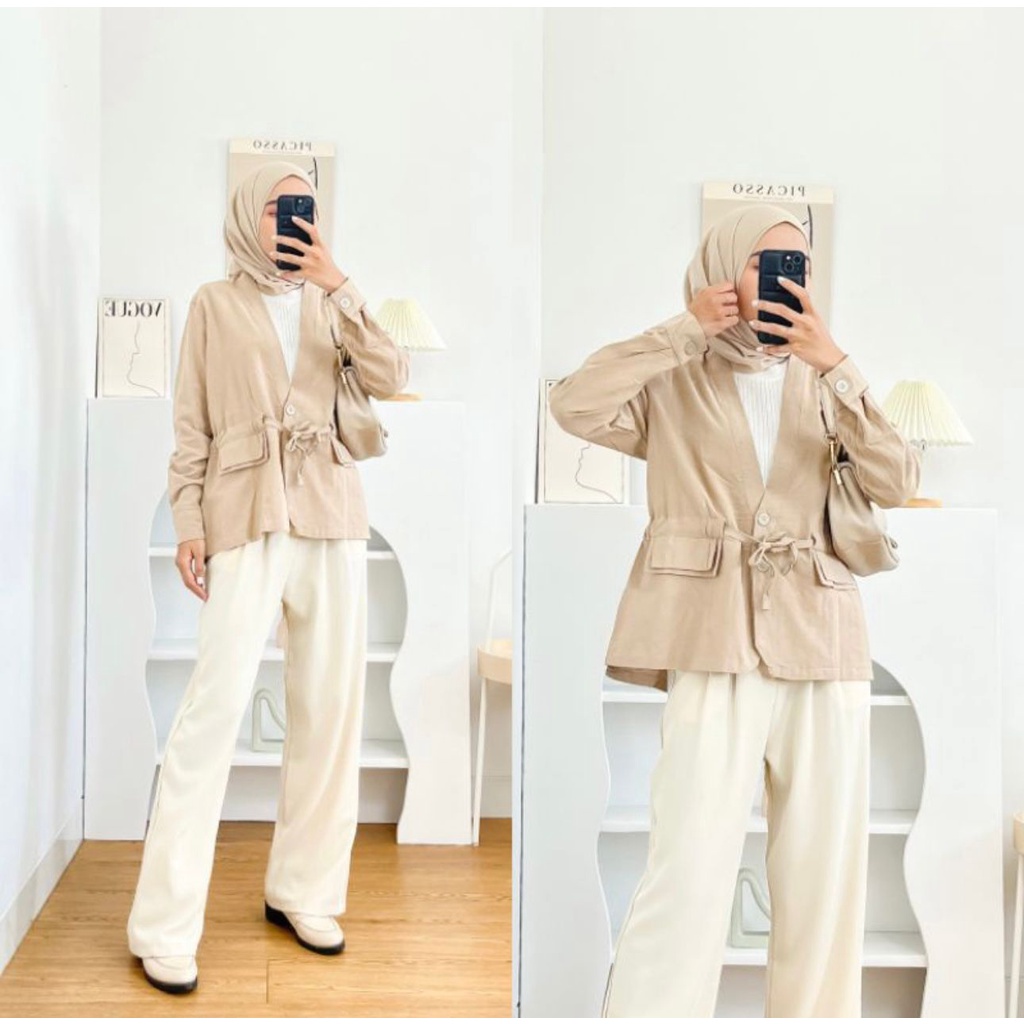 Blazer Wanita / Outer Korean Style KIYORA Blazer Serut Kancing Depan Linen Premium LD 105 Fit To XL OOTD Remaja Dewasa 2023