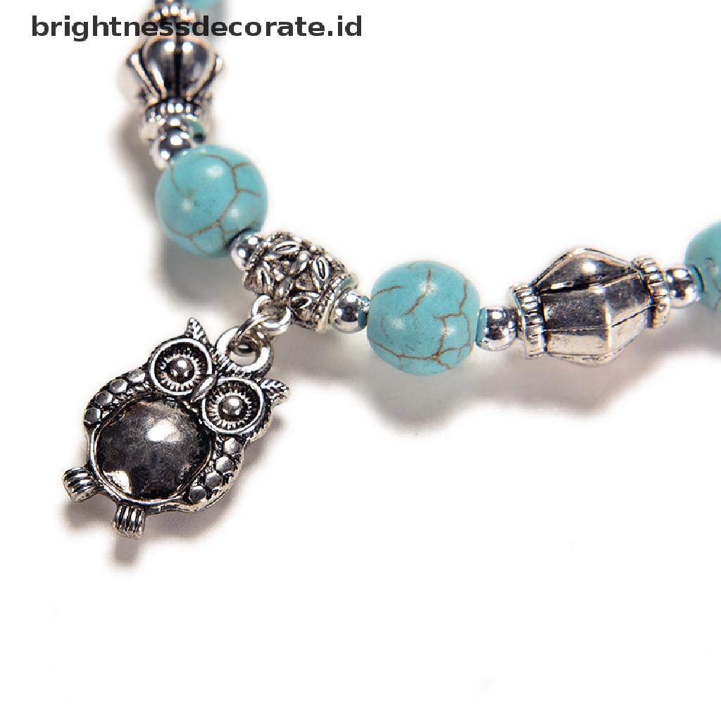 [Birth] 1pcs Wanita Vintage Pesona Perhiasan Perak Pld Owl Turquoise Gelang Bangle [ID]