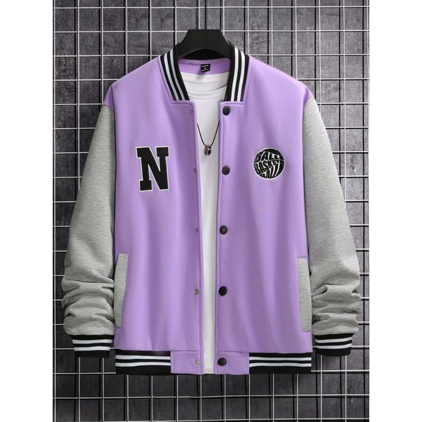JAKET VARSITY PRIA BASEBALL JUMBO INISIAL M, SIZE S-XXXXXXL WARNA,HIJAU,UNGU.REQ WARNA,