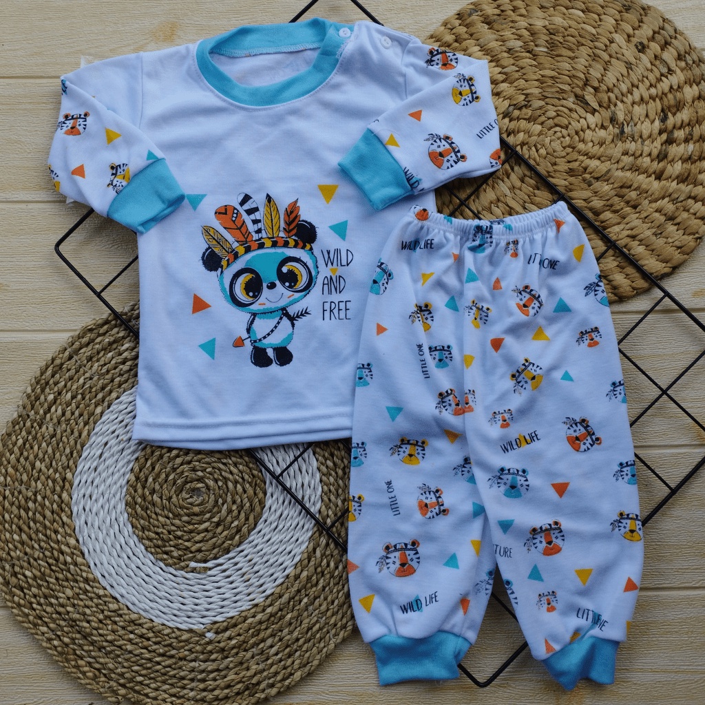 Setelan Piyama Panjang Oblong Baju Tidur Baju Anak Usia 3-12 Bulan Motif Little One Oblong Kancing Bahu