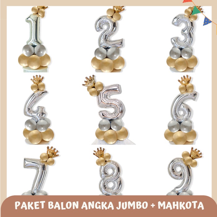 PAKET BALON ANGKA JUMBO CROWN MINI/ BALON ANGKA 100 CM SILVER GOLD