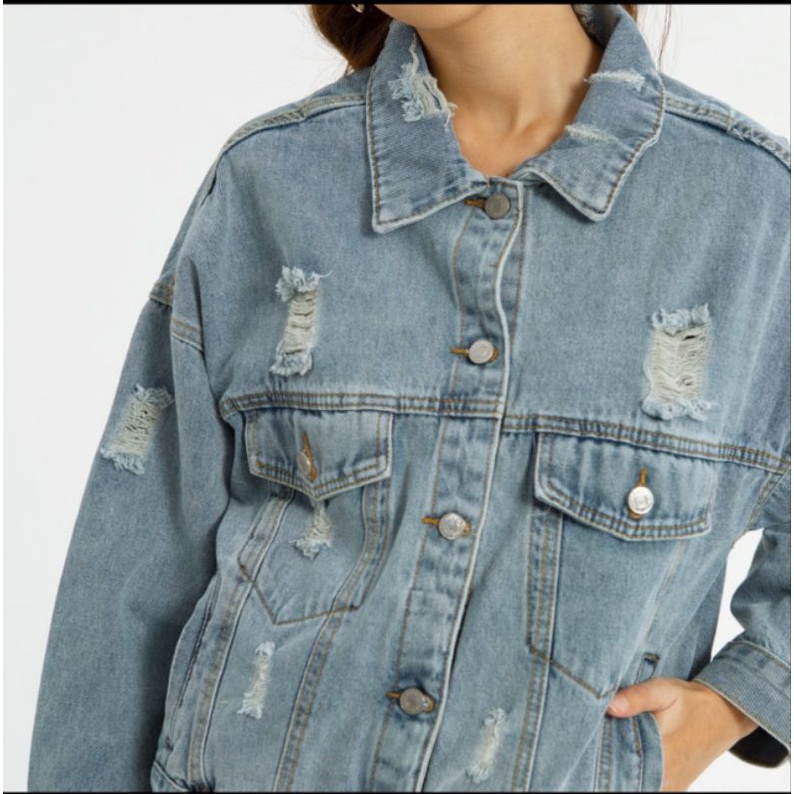 Jessy Jaket Jeans Ripped Sobek Wanita Kekinian Oversize