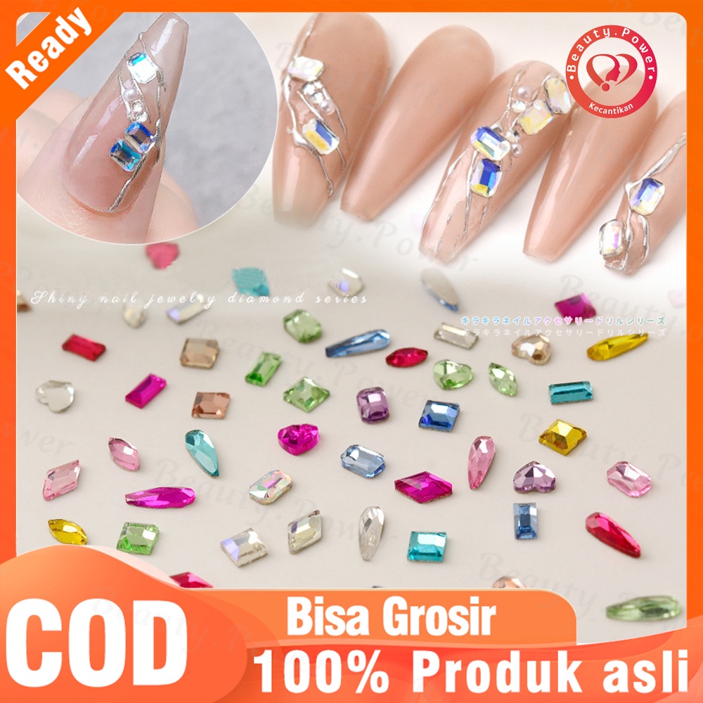 50 Pcs Ornamen Berlian Imitasi Asimetris Hati/Persegi Panjang 3D Bahan Resin Untuk Dekorasi Nail Art / Manicure DIY