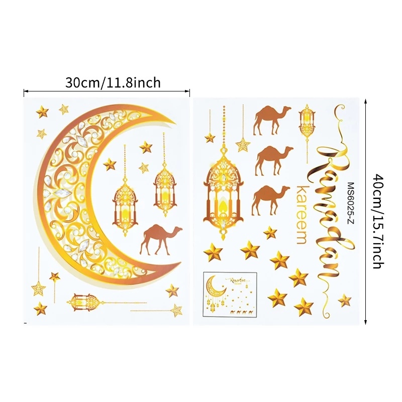 Ramadhan Lebaran Stiker Dinding Festival Pesta Dekorasi Perlengkapan Bulan Bintang Lentera Dinding Decal Self-adhesive Diukir Wallpaper Tahan Debu Dekorasi Seni Indoor