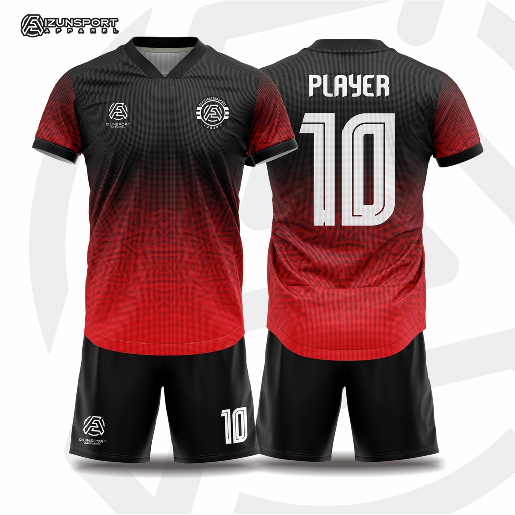 setelan jersey full printing sepakbola futsal custome satuan warna merah hitam 0.39