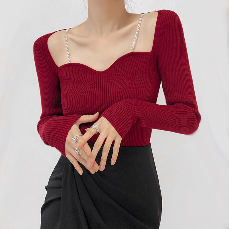 Red Musim Gugur dan Musim Dingin Kerah Persegi Lengan Panjang Rajutan Sweater Wanita Musim Gugur Baru Gaya Korea Gaya Asing All-Match Pullover bagian Dalam Kemeja Top