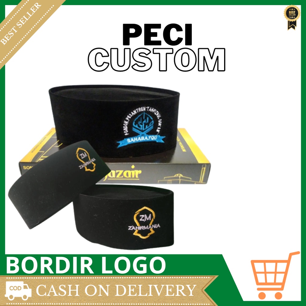 Songkok  hitam bordir Logo Custom  sekolah , pesantren ,Lem,baga dll