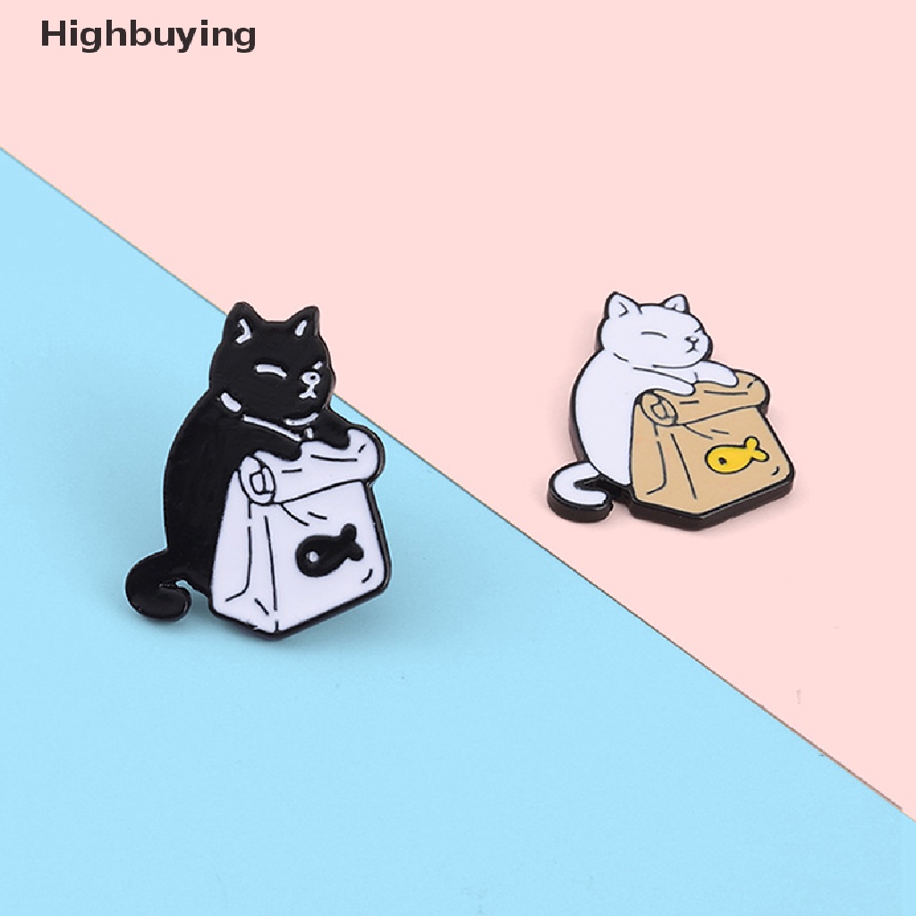 Hbid Pakan Sendiri Enamel Pin Lucu Hitam Putih Kucing Ikan Kering Tas Bros Kerah Badge Glory