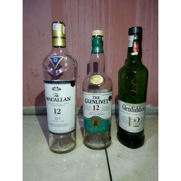 botol bekas minuman keras miras makalan, the glenlivet, glenfiddich