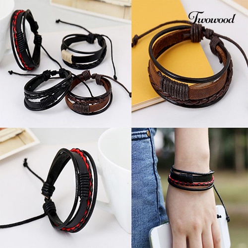 Twowood Unisex Vintage Retro Multilayer Braided Faux Leather Wristband Gelang Bangle