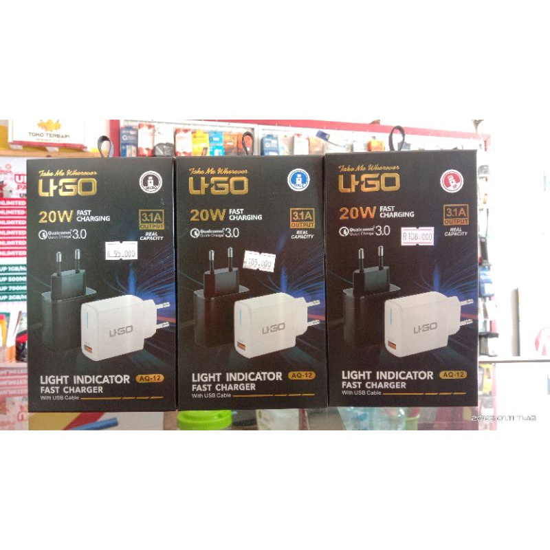 CAS CHARGER UGO Dengan Lampu Indikator  QUALCOMM QUICK CHARGER 3.1 A AQ-12 MICRO,TYPE C, IPHONE