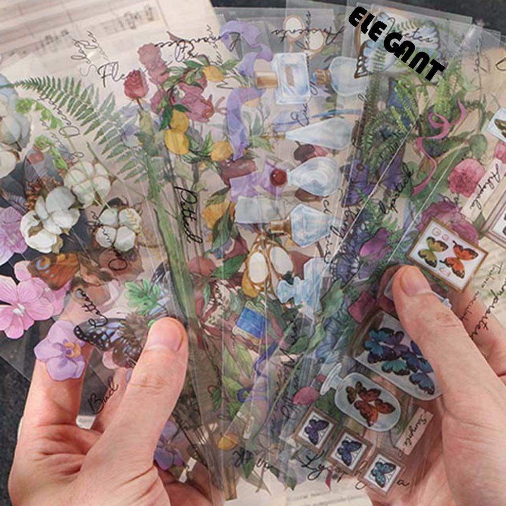 ELEGANT 6pcs PET Stickers Stationery Stickers Butterfly Leaf Flower Journamm Stickers DIY Decorative Hand Account Decor Scrapbooking Planner Album Deco Journal Deco Vintage Aesthetic Scrapbooking