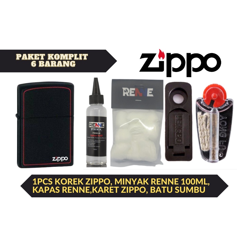 Paket lengkap Korek Api Zippo Black Red Matte plus minyak kapas batu sumbu karet tutup zippo