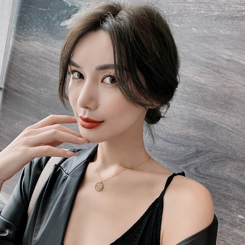 Kalung Dua Sisi Merek Kebahagiaan Gaya China Kalung Liontin Bulat Beruntung Korea