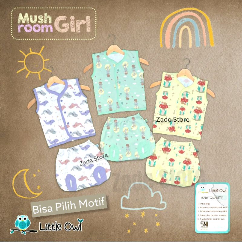 Setelan Baju Bayi SNI Little Owl 0-12 bulan Set baju Bayi Kutung Celana Pop / kacamata Newborn baju anak baru lahir Mushroom Girl