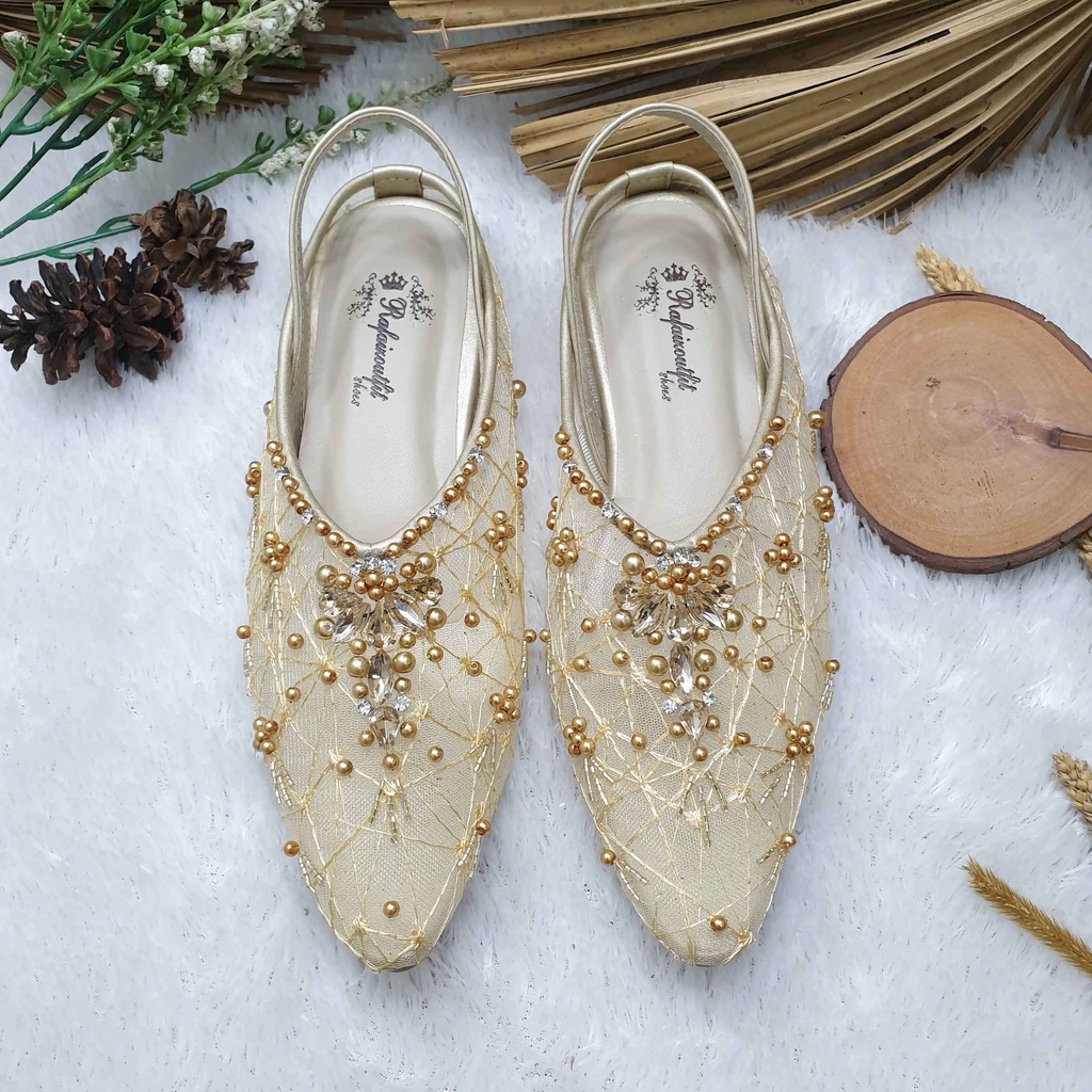 Flatshoes wedding pesta cantik Lauriena gold hak 1cm