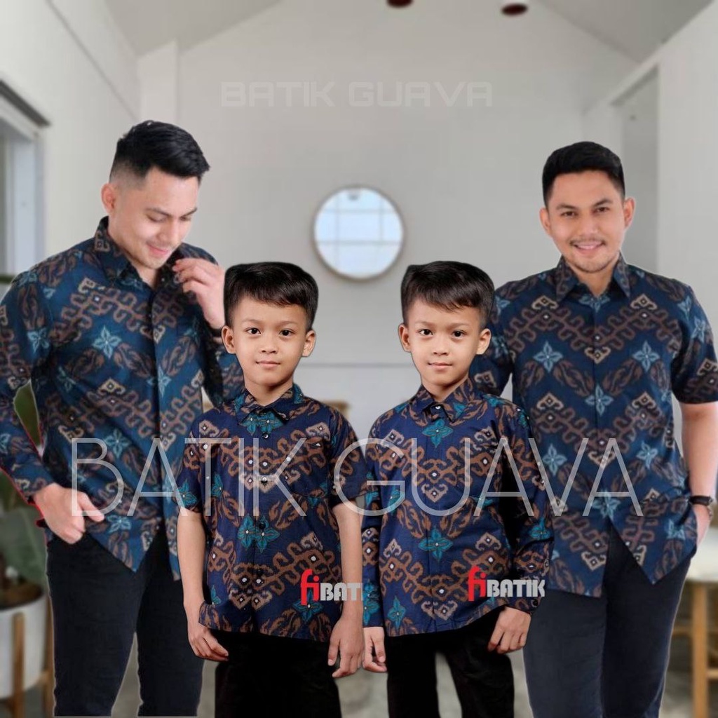 Kemeja Batik Couple Anak &amp; Ayah Panjang / Pendek Navy Coklat