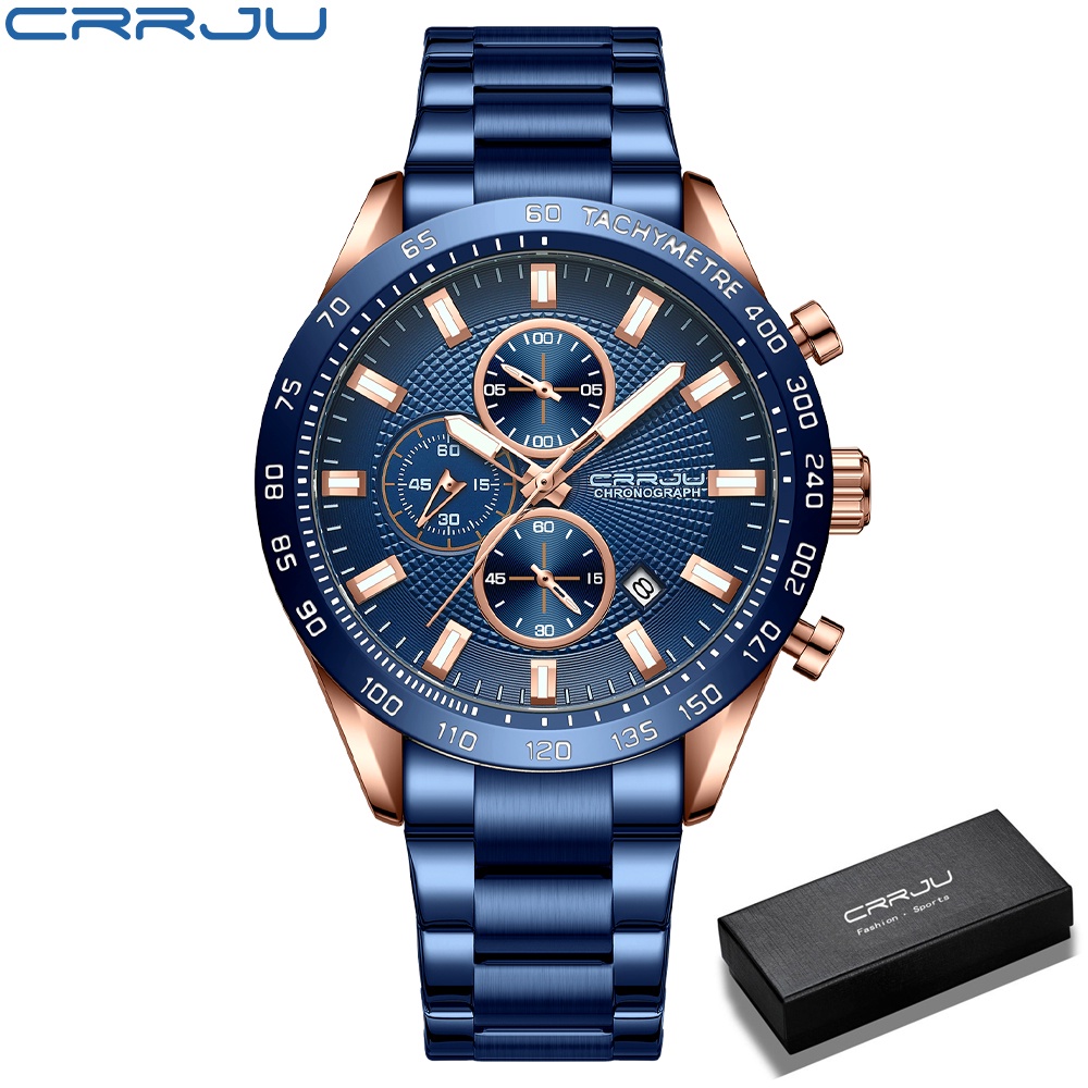 CRRJU Jam Tangan Pria Anti Air Cowok Men Watches Waterproof Sports Stainless Steel Fashion Luminous Multifunction Chronograph Analog Baterai Watch [Real Three Eyes] Free Box