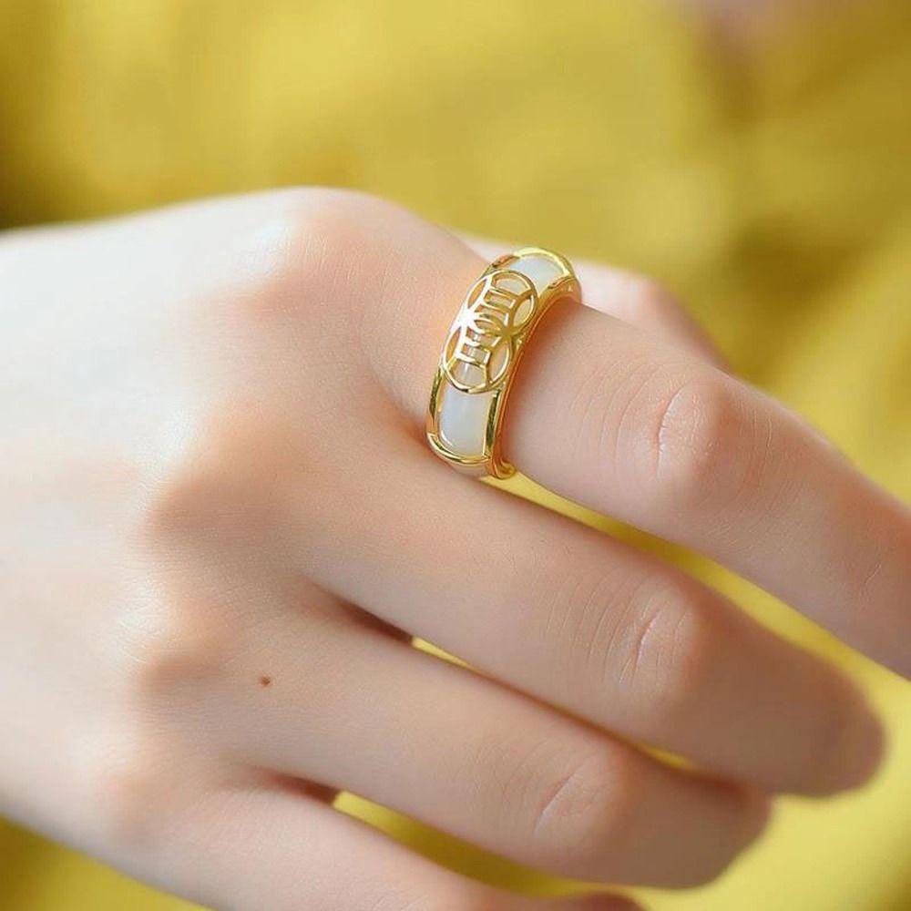 Mxbeauty Wanita Cincin Pesona Halus Niche Desain Gadis Hadiah Imitasi Hetian Giok Tembaga Retro Vintage Ring