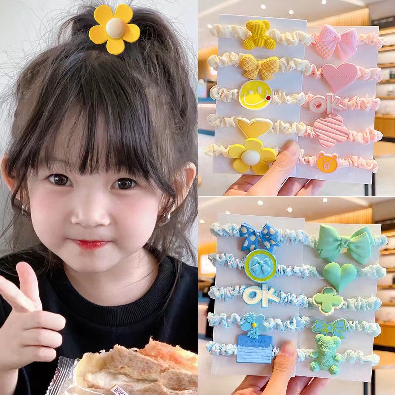 WJ1510 5pcs/Set Ikat Rambut Scrunchie Anak Kunciran Motif Lucu