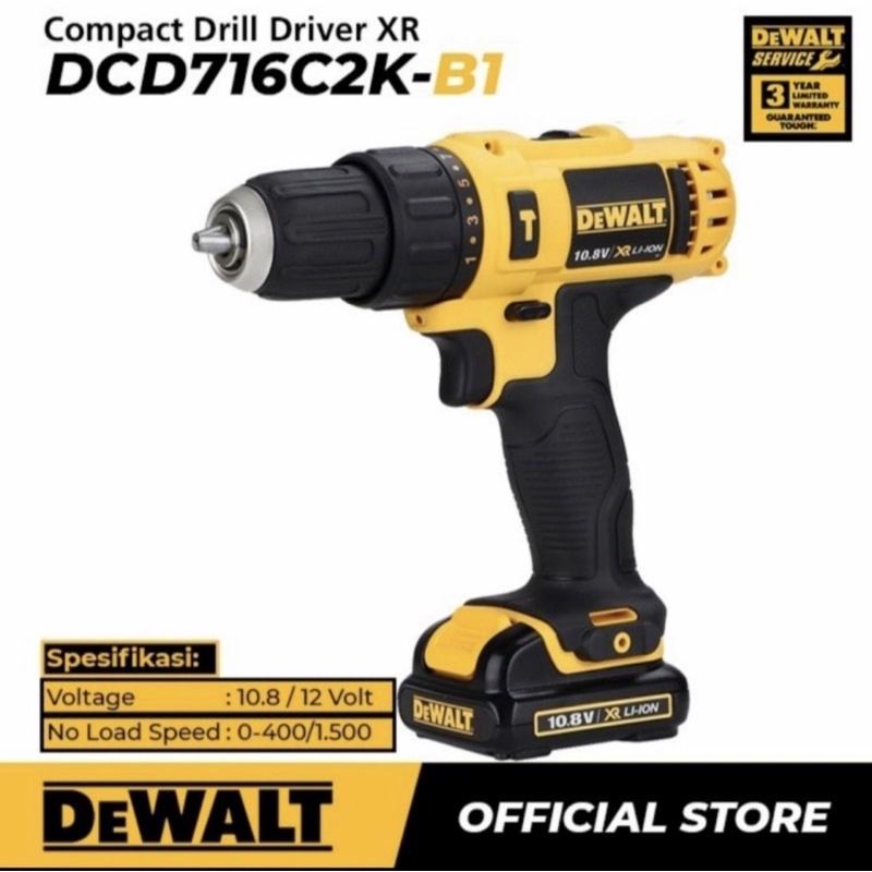 Dewalt Mesin Bor Baterai Cordless Hammer Drill DCD716C2K 10.8 volt