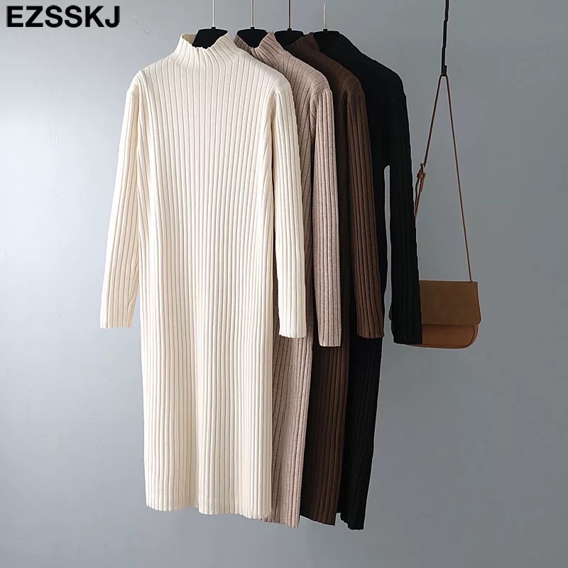 Knit Midi Dress Turtleneck Rajut