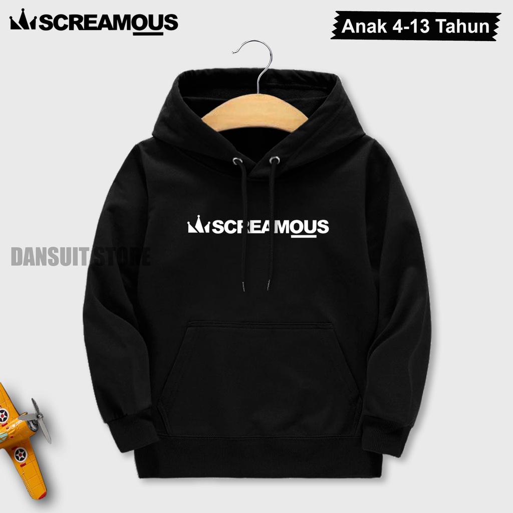 Sweater Hoodie Anak Laki-laki Perempuan Usia 4-13 Tahun Hoodie Anak Motif Sablon SCREAMOUS Logo Bahan Tebal Premium