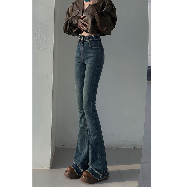 Red Tinggi Pinggang Retro Mentah Mikro Flare Jeans Wanita Musim Gugur dan Musim Dingin Baru Tinggi Tinggi Slim Slim diperpanjang Horseshoe Celana