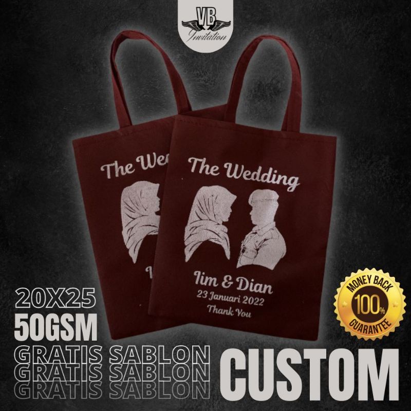 TAS SOUVENIR PERNIKAHAN BISA CUSTOM SABLON TERMURAH TERLARIS SIMPLE KEKINIAN 50GSM F 20X25