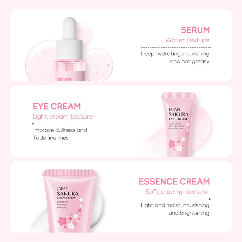 LAIKOU Sakura 3pcs Skin Care Set Serum Mengencangkan Pori-pori Krim Pelembap Memudarkan Noda Krim Mata Memudarkan Kerutan