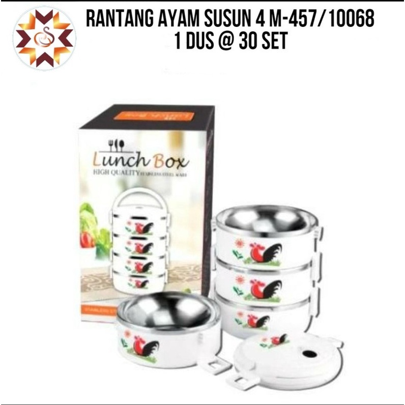 Rantang Ayam Susun 4 M-457 / 10068 Rantang Makanan 4 Susun Motif Ayam Jago Lunch Box Stainles Steel