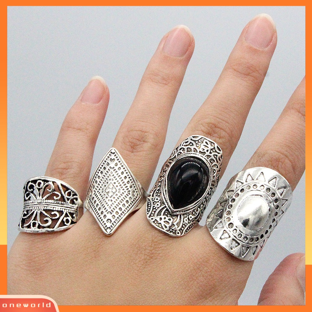 {oneworld} 4pcs/set Cincin Unisex Gaya Bohemian Tahan Aus Cincin Fidget Ringan Super Keren Untuk Pesta